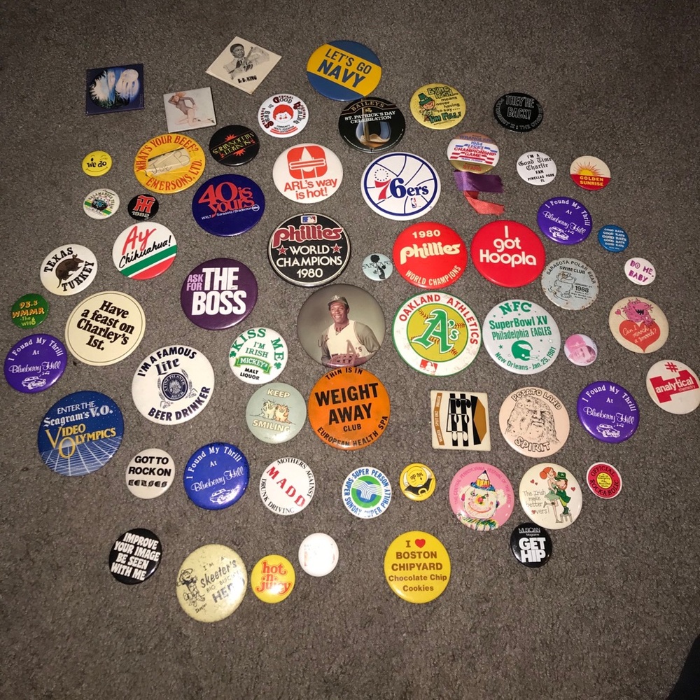 Collectors pins from the 60s and 70s.